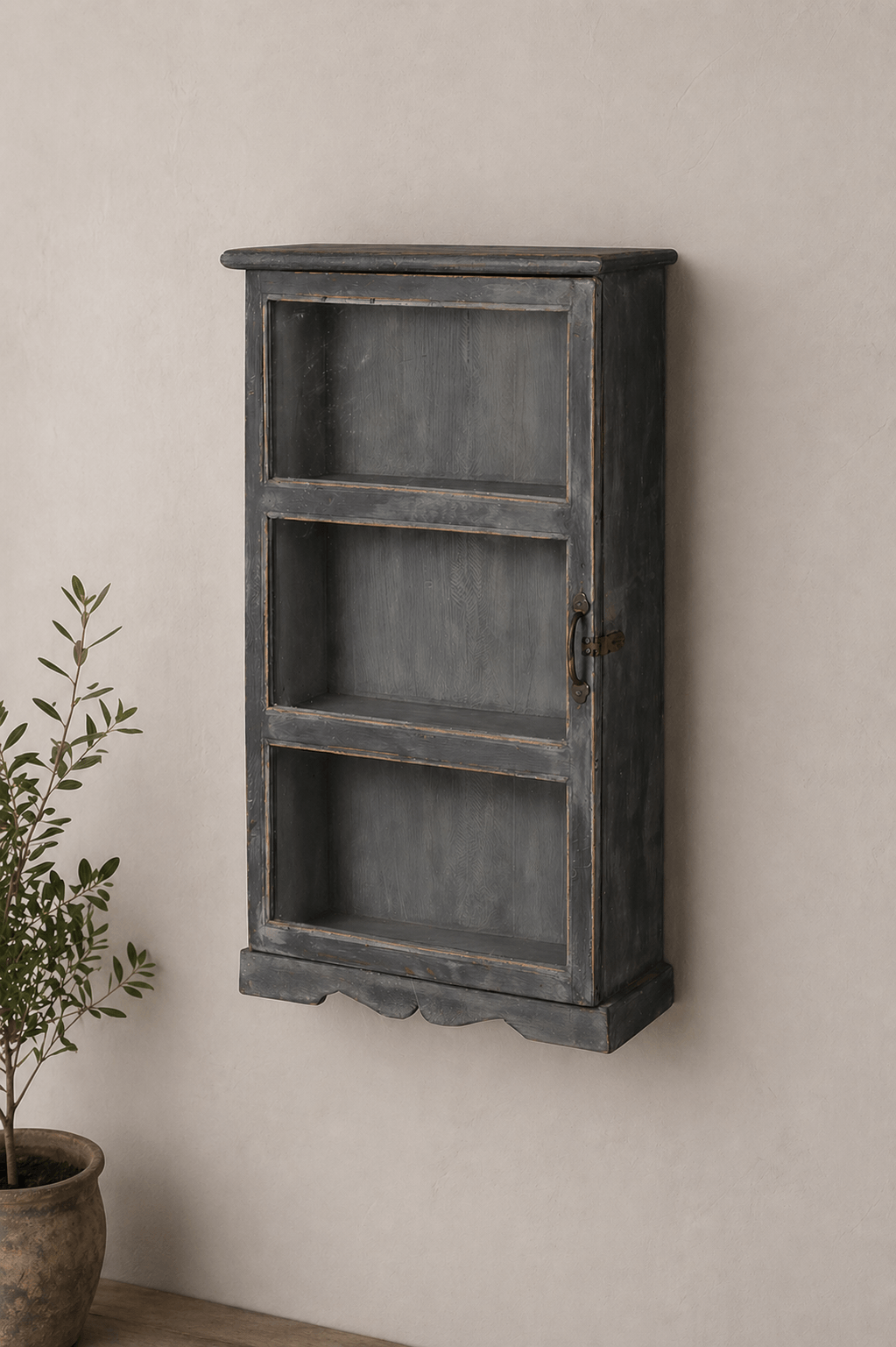 grey wall cabinet with glass door