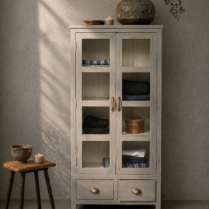 grey glass door cabinet with drawers