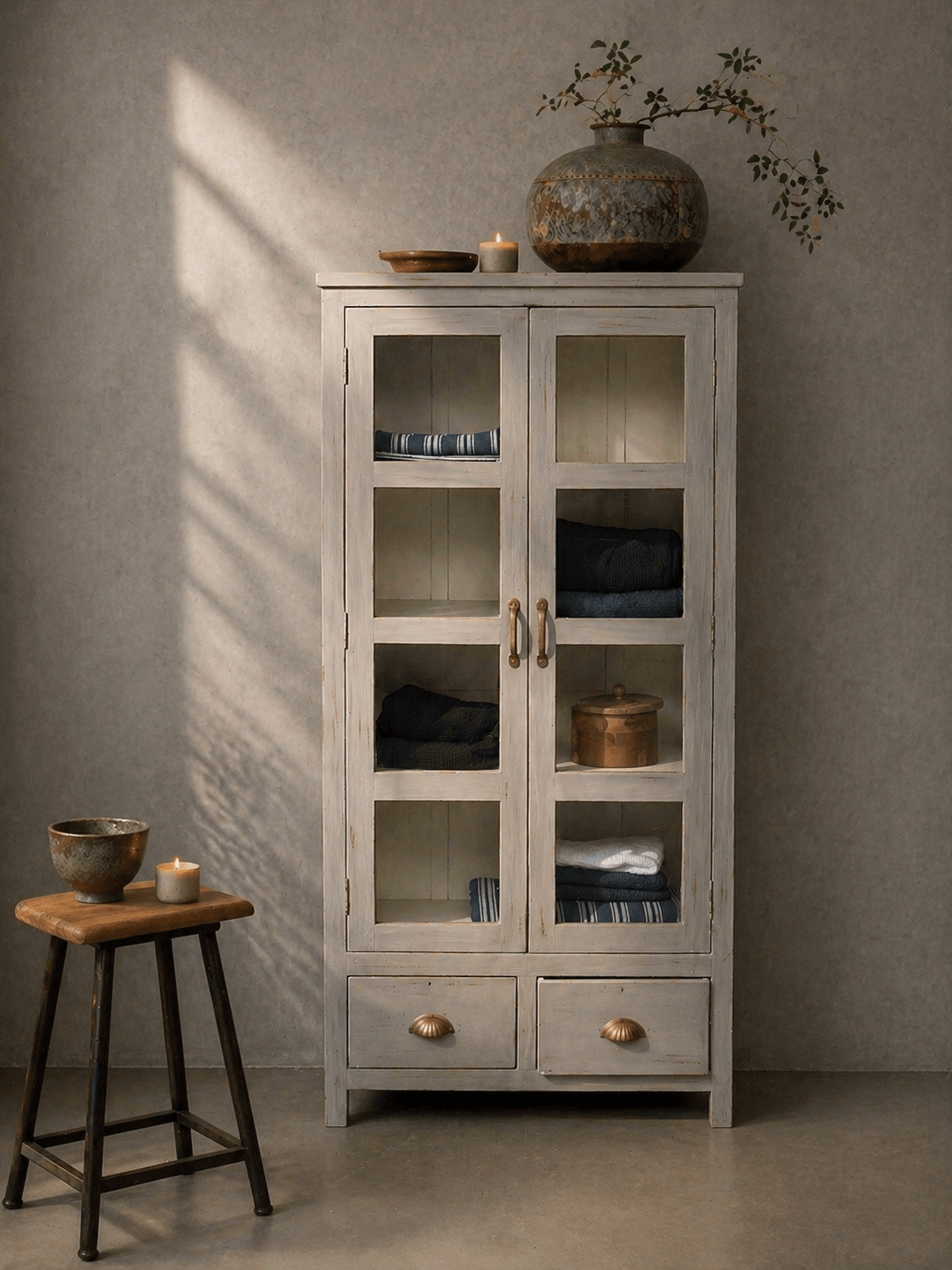 grey glass door cabinet with drawers