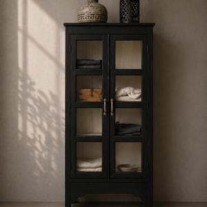 narrow black cabinet with glass doors and white inside