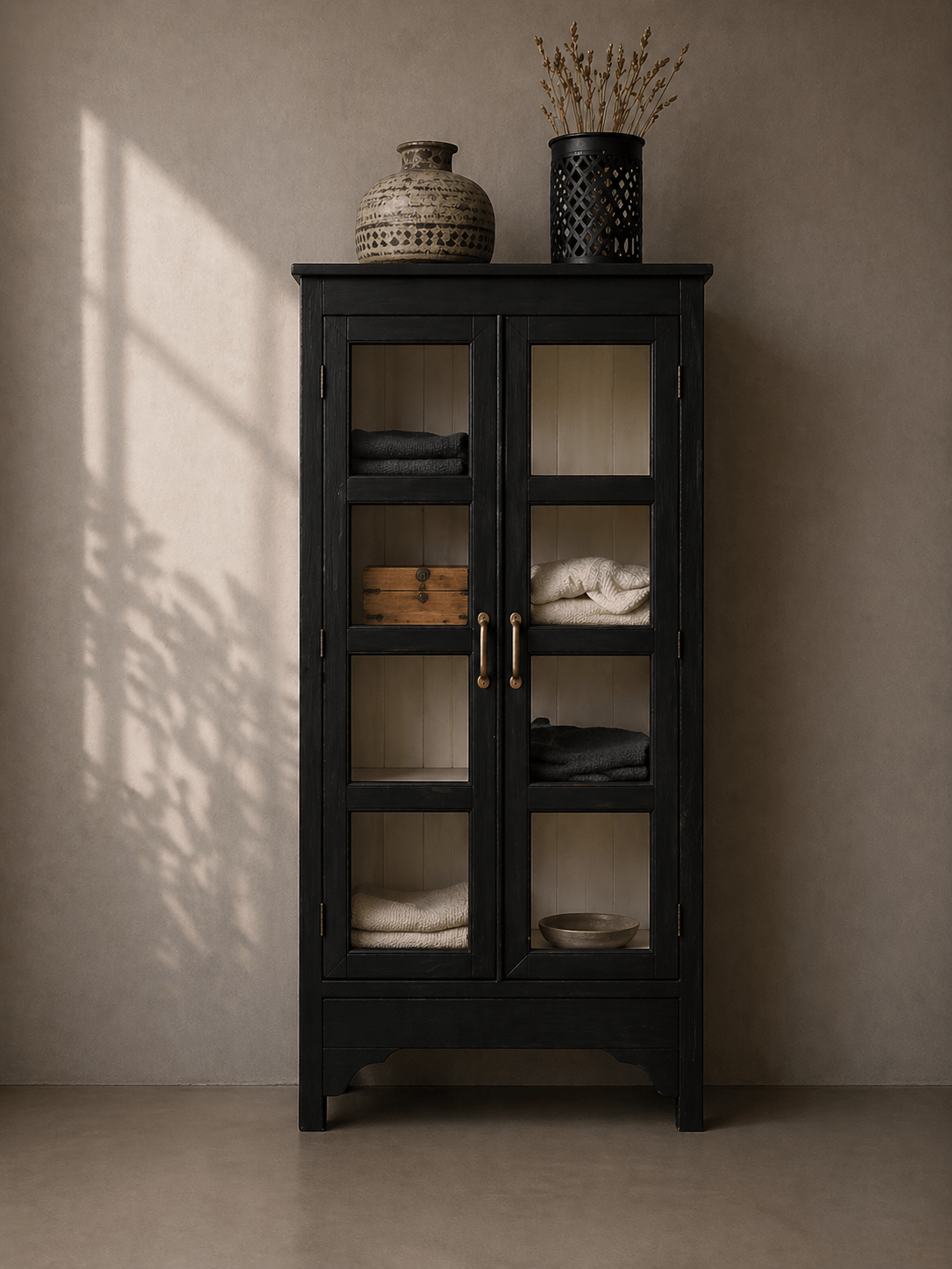 narrow black cabinet with glass doors and white inside