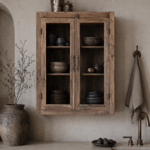 kitchen wall cabinet in reclaimed teak