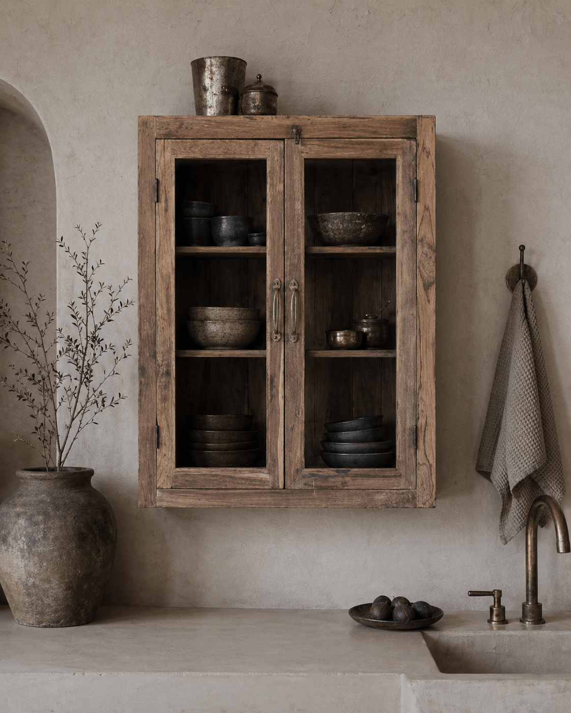 kitchen wall cabinet in reclaimed teak