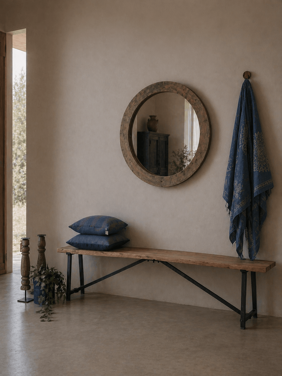 wooden bench with iron legs vintage