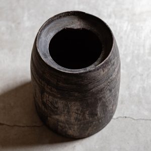 Vintage tall wooden barrel pot with natural worn finish, styled outdoors in a Mediterranean garden — Soulosofie Mallorca