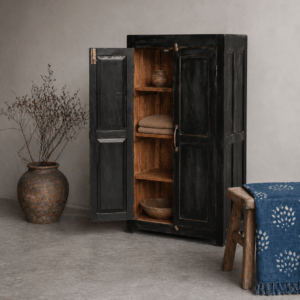 small black cabinet with wooden doors vintage