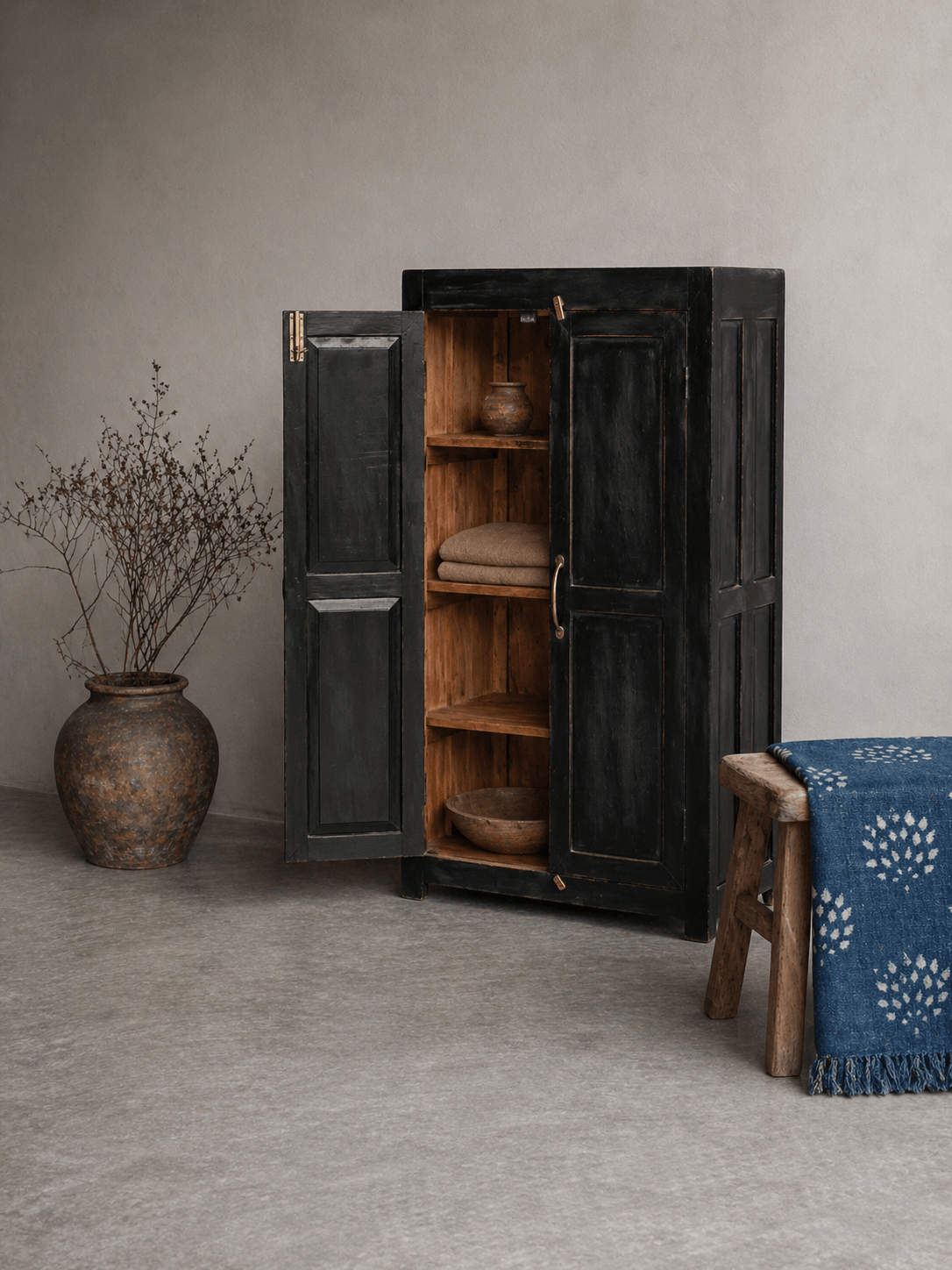 small black cabinet with wooden doors vintage