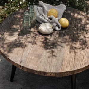 Round sofa table in reclaimed wood and iron legs 80 cm