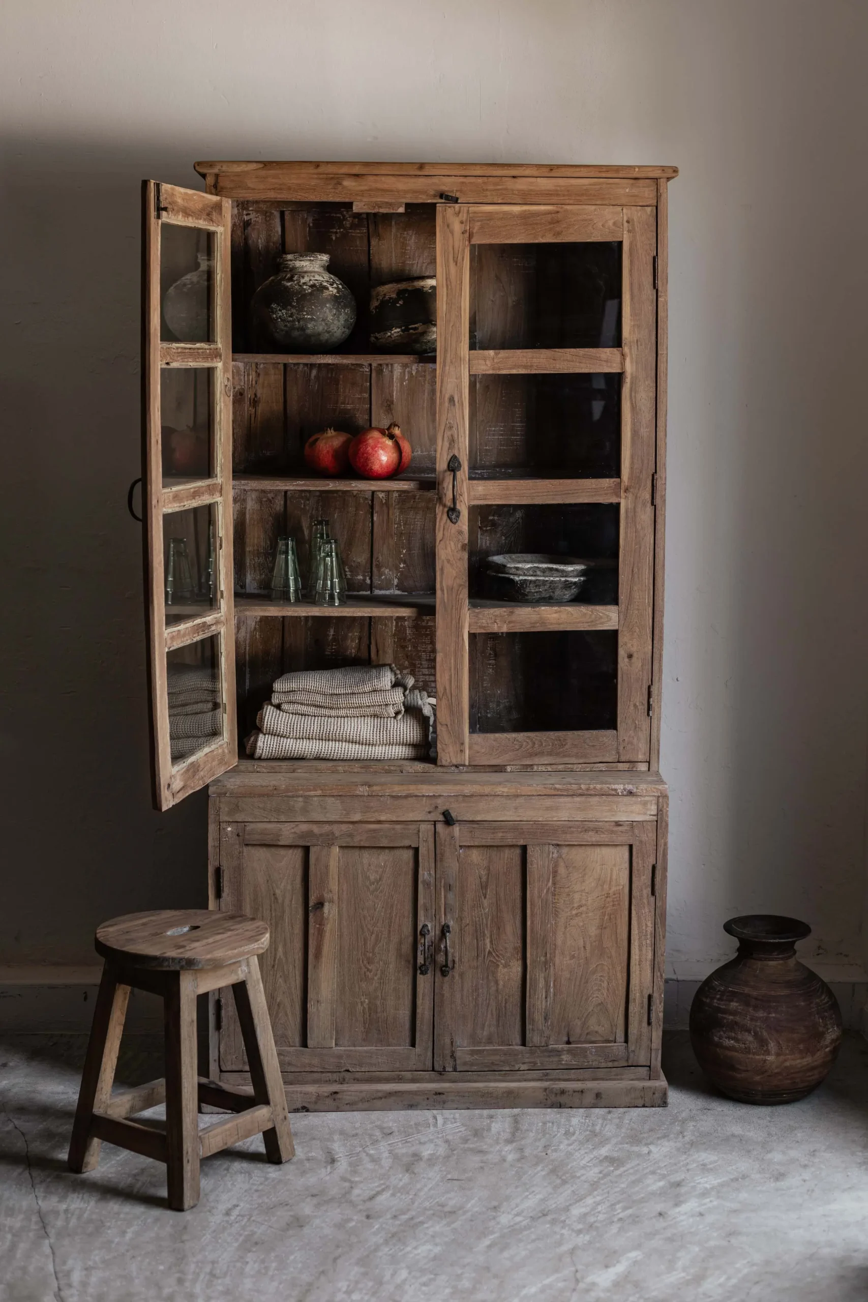 Teak cabinet with glass and wood doors