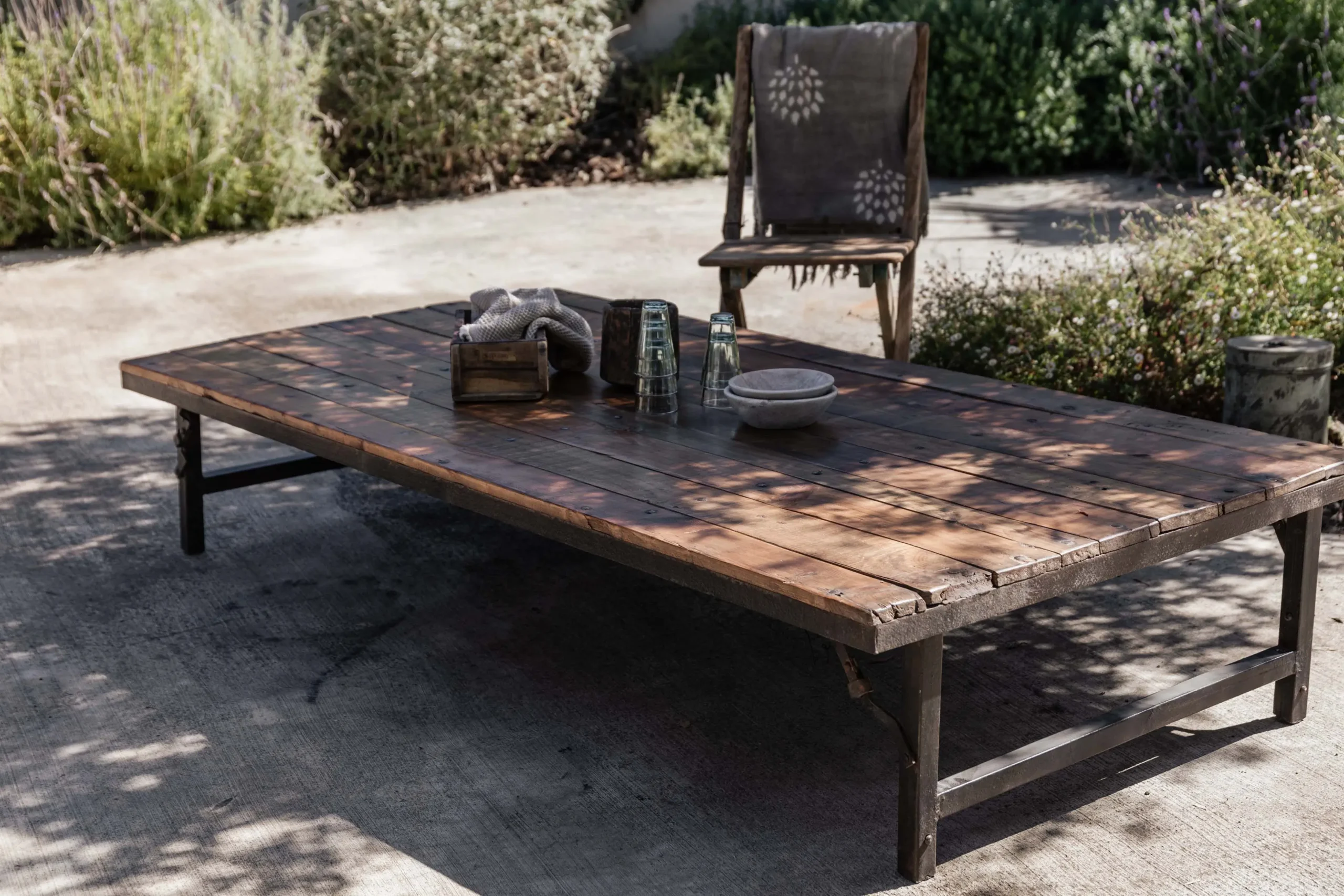 VINTAGE sofa table with iron legs 183 cm