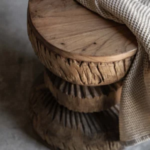 Vintage carved wood stool with hand-carved sunburst detail and natural worn finish — Soulosofie Mallorca