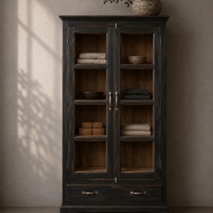 vintage black cabinet with glass doors