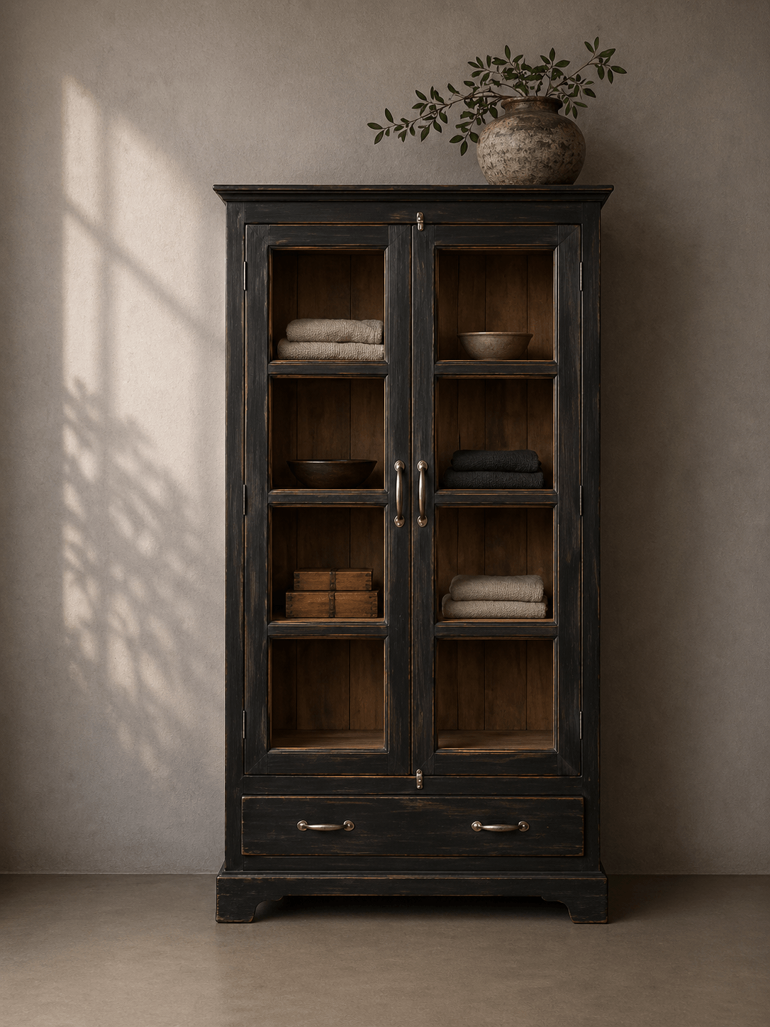 vintage black cabinet with glass doors