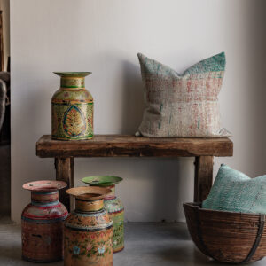 Vintage reclaimed wood bench with natural worn finish, styled with colourful Indian handpainted pots and kantha cushion — Soulosofie Mallorca