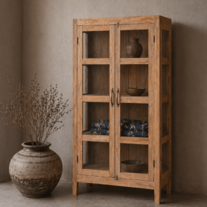 small vintage cabinet with glass doors in teak