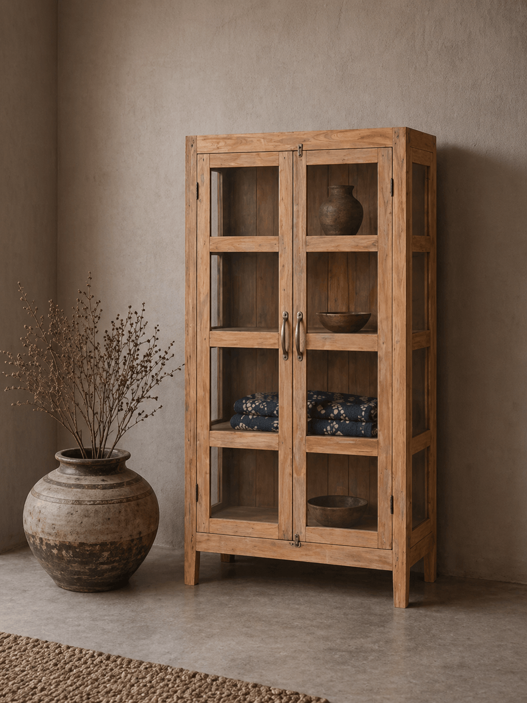 small vintage cabinet with glass doors in teak
