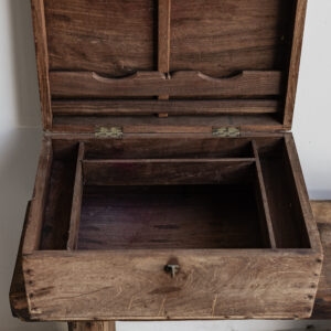 Vintage wood storage box with brass hinges and interior compartments, natural worn finish — Soulosofie Mallorca