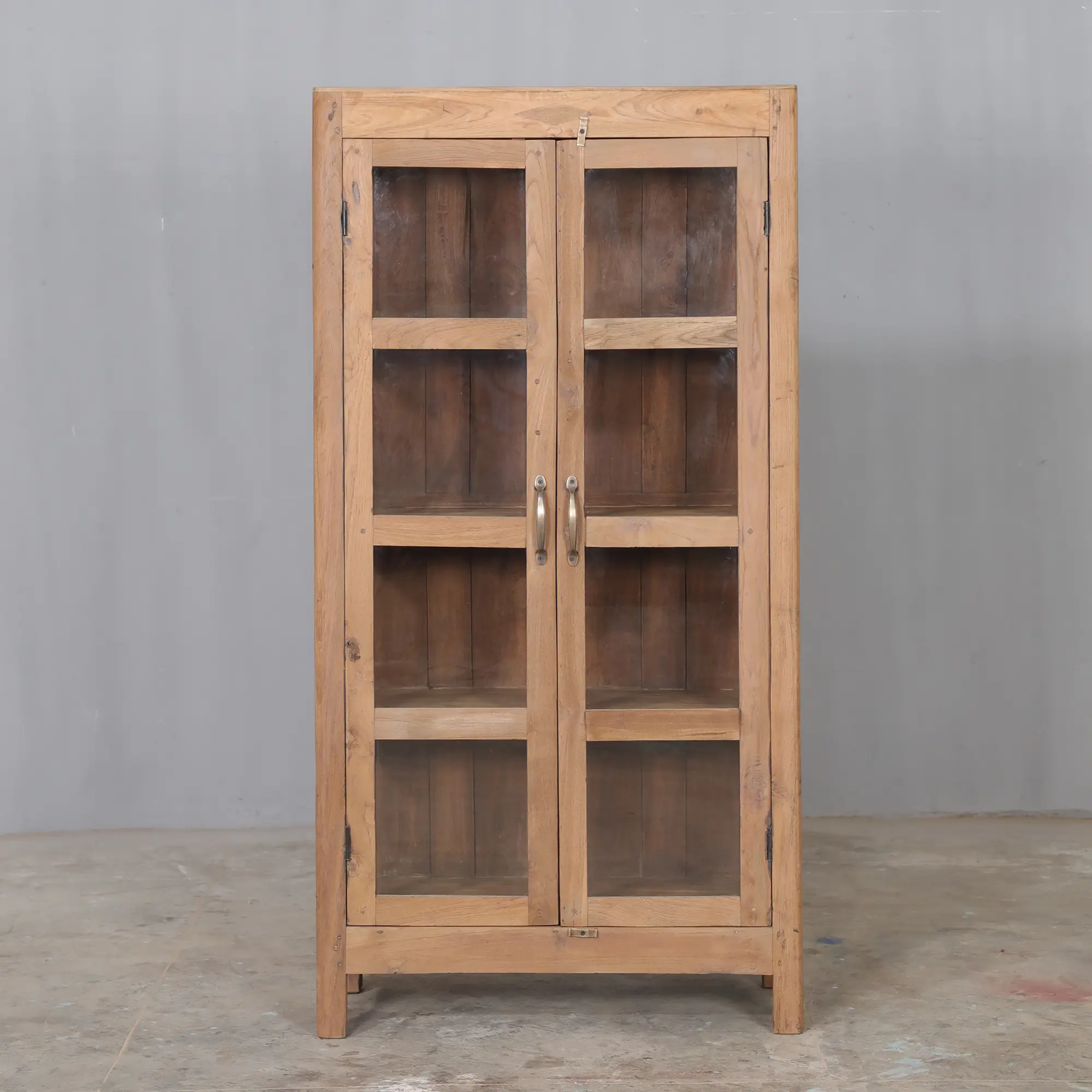 Vintage wooden cabinet in natural wood— handcrafted cabinet with glass doors