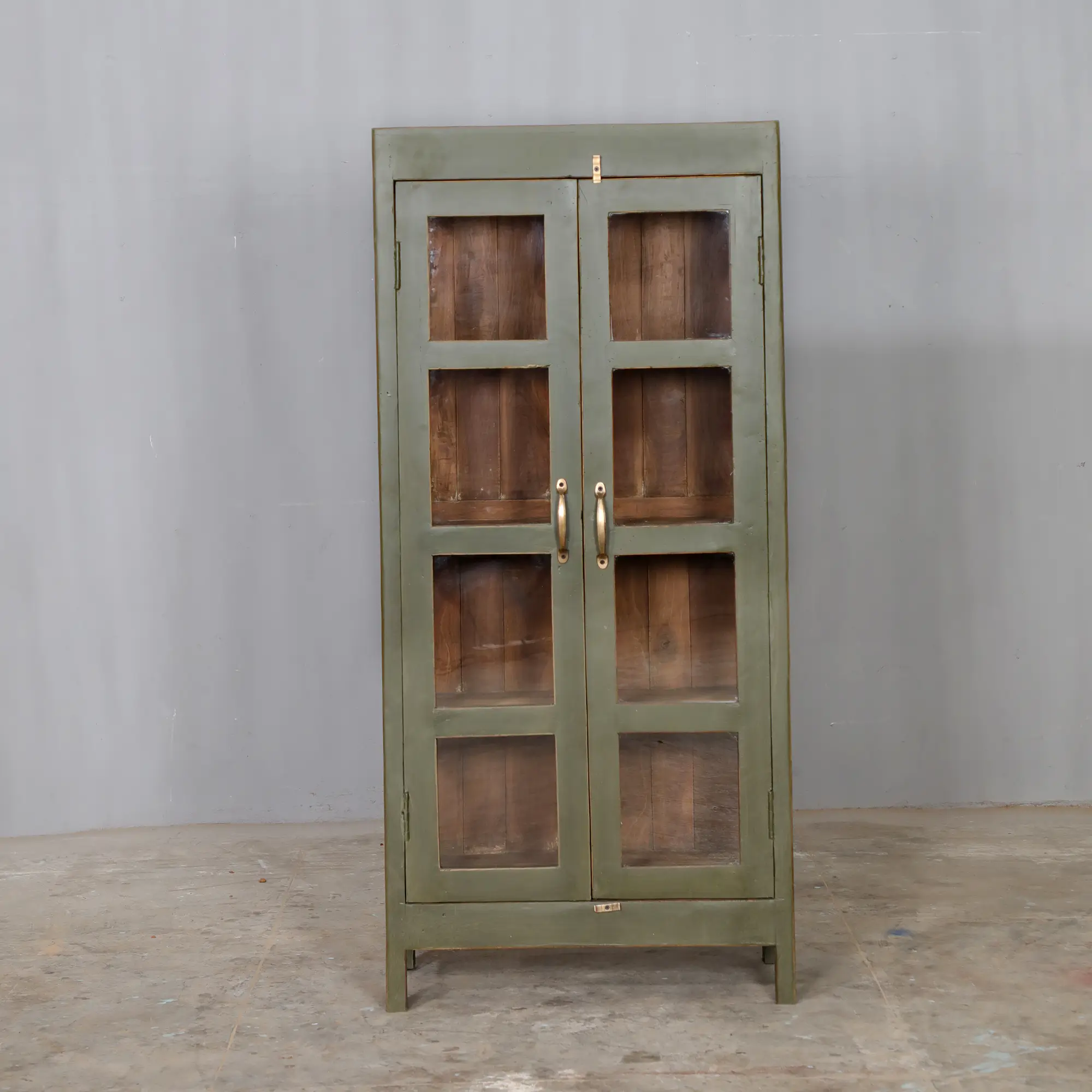 Vintage wooden cabinet in olive — handcrafted from wood and glass
