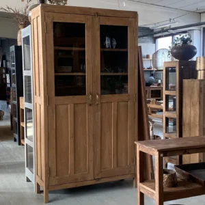Vintage teak linen cabinet with glass top section