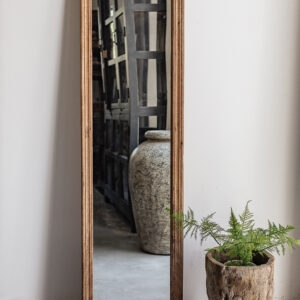 Tall full length reclaimed wood mirror with natural worn grain frame, leaning against wall — Soulosofie Mallorca