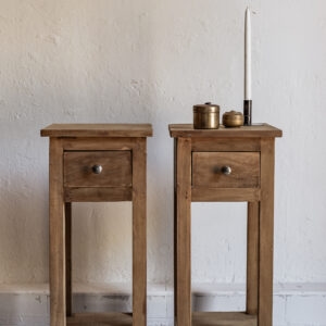 Pair of reclaimed wood narrow bedside tables with single drawer and lower shelf, natural worn finish — Soulosofie Mallorca