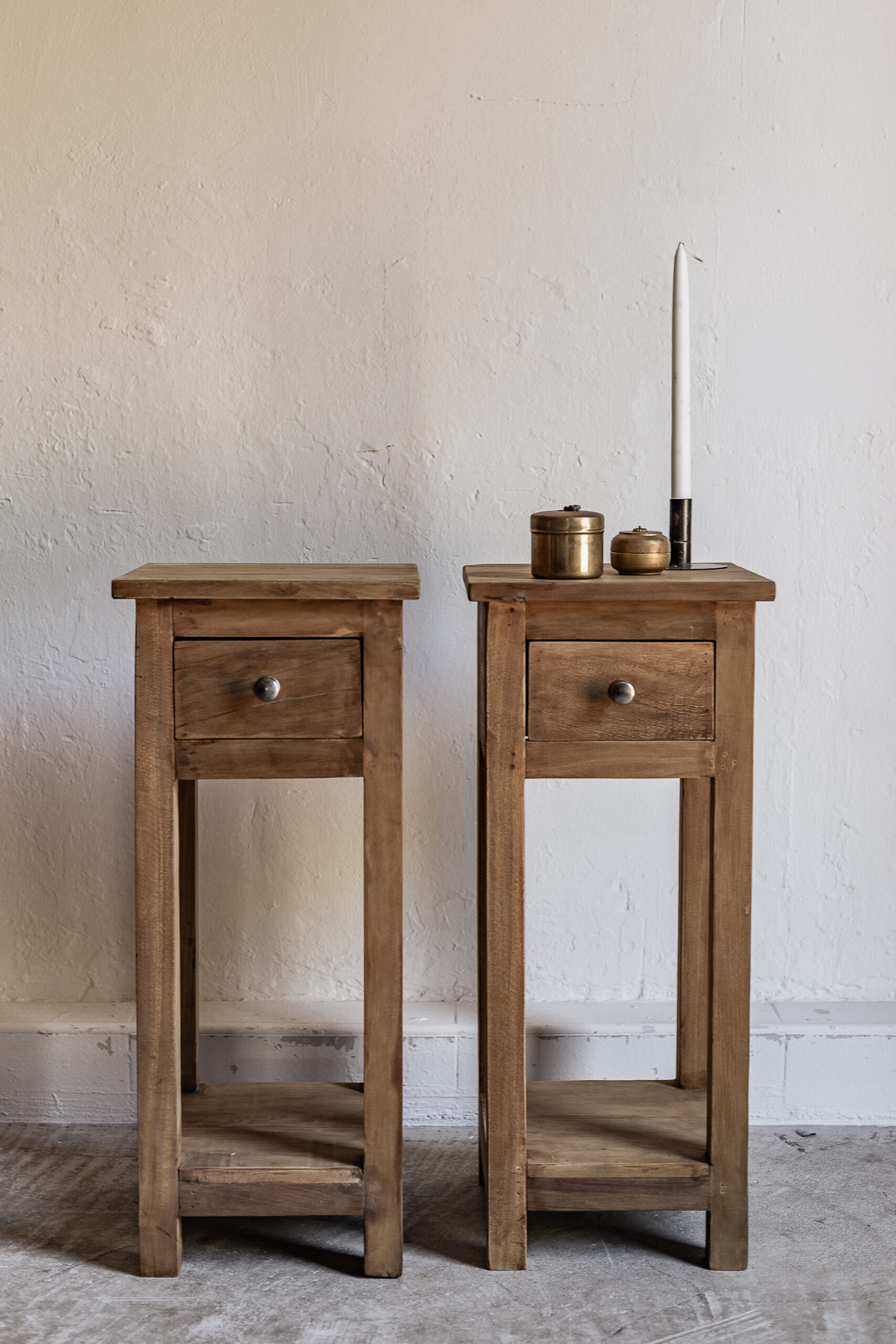 Pair of reclaimed wood narrow bedside tables with single drawer and lower shelf, natural worn finish — Soulosofie Mallorca