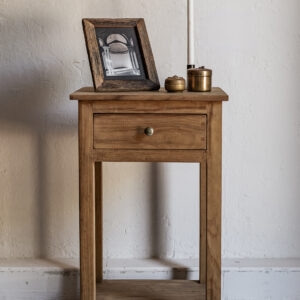 Reclaimed wood bedside table in natural finish with brass drawer knob and lower shelf — Soulosofie Mallorca