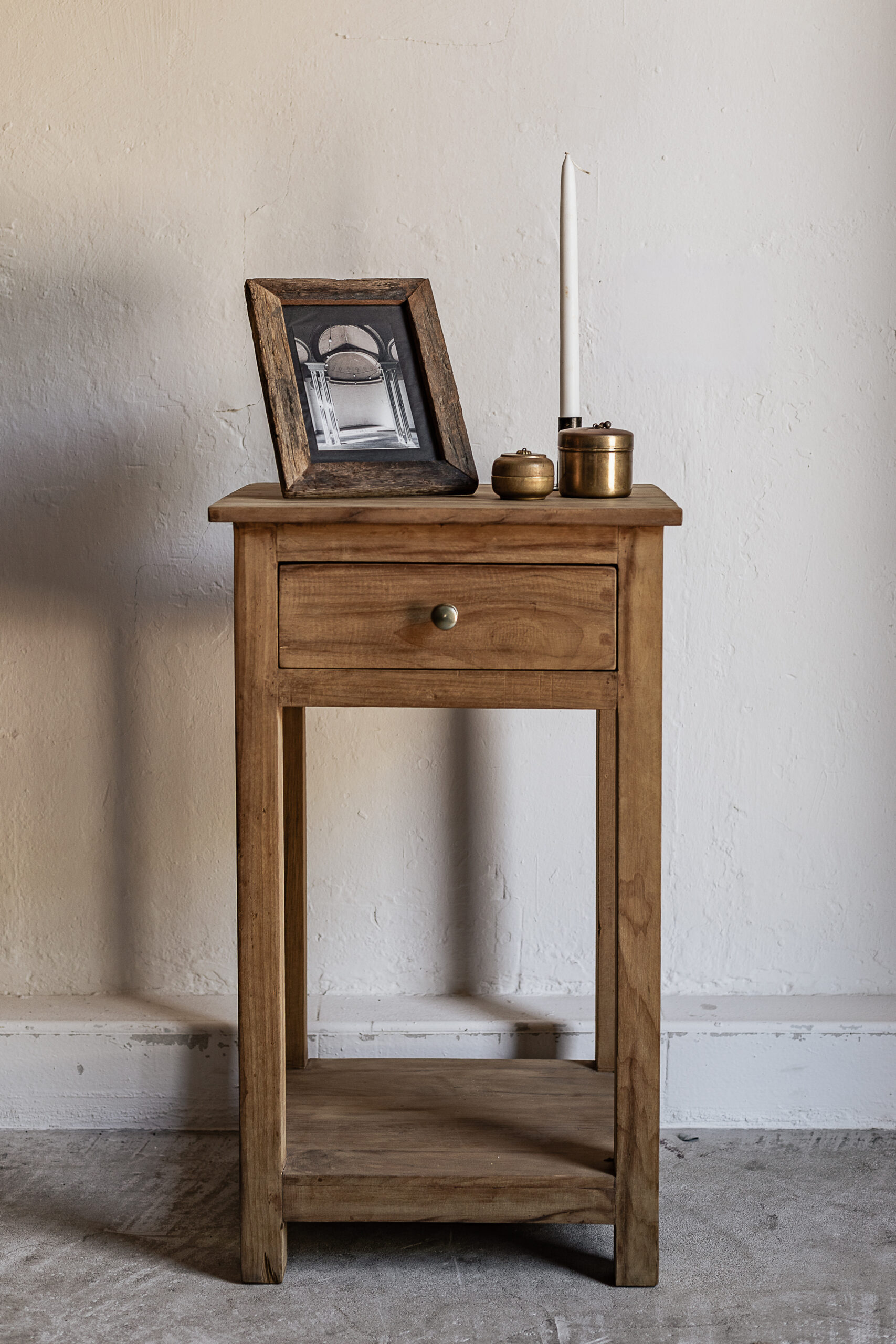 Reclaimed wood bedside table in natural finish with brass drawer knob and lower shelf — Soulosofie Mallorca