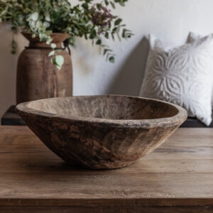 Vintage hand carved wood bowl with natural worn finish, styled on reclaimed wood sofa table — Soulosofie Mallorca