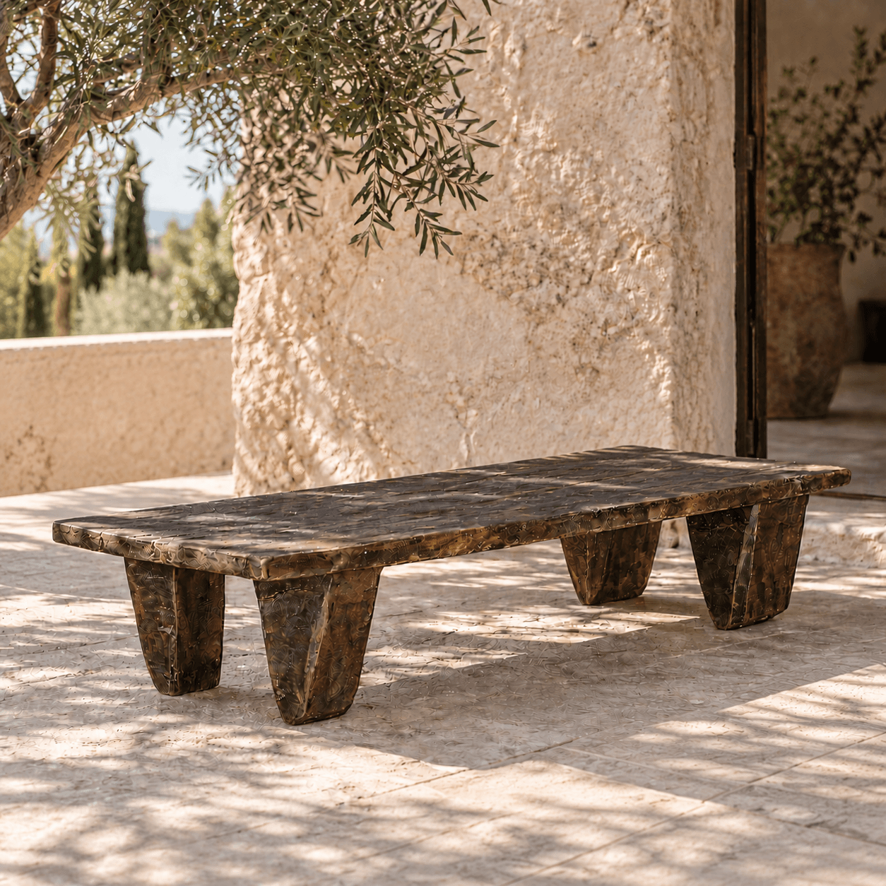 Antique Naga low table, cut from a single block of wood, 190 cm long. One of a kind. Shop at Soulosofie, Mallorca.