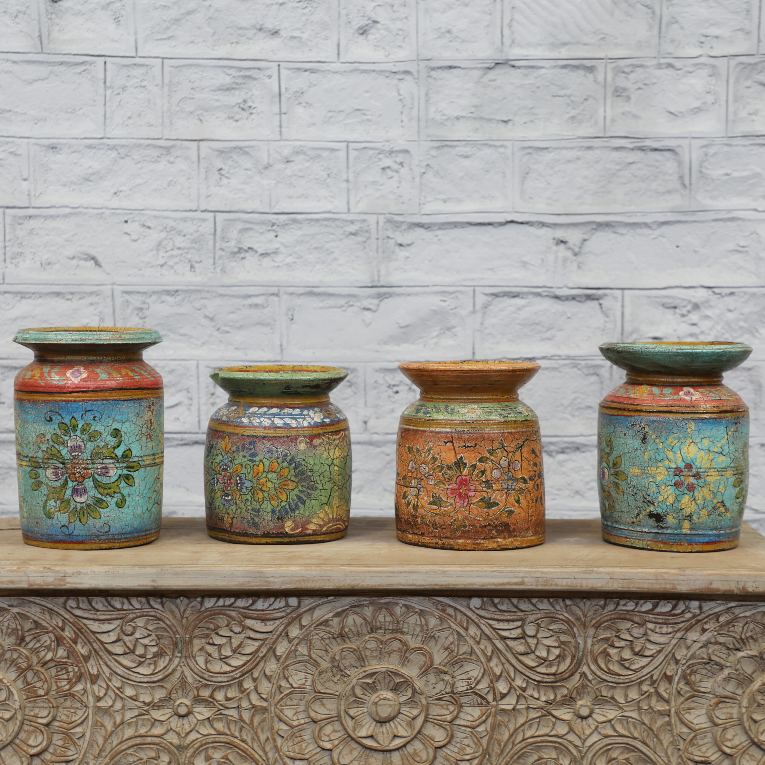 vintage wooden pot painted finish carved